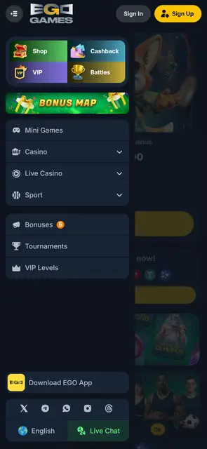 EgoGames — hlavní menu s bonusy, turnaji a VIP úrovněmi