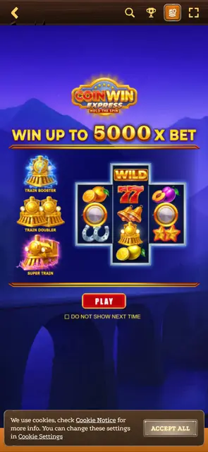 Mobilní web Lizaro, úvodní obrazovka automatu Coin Win Express